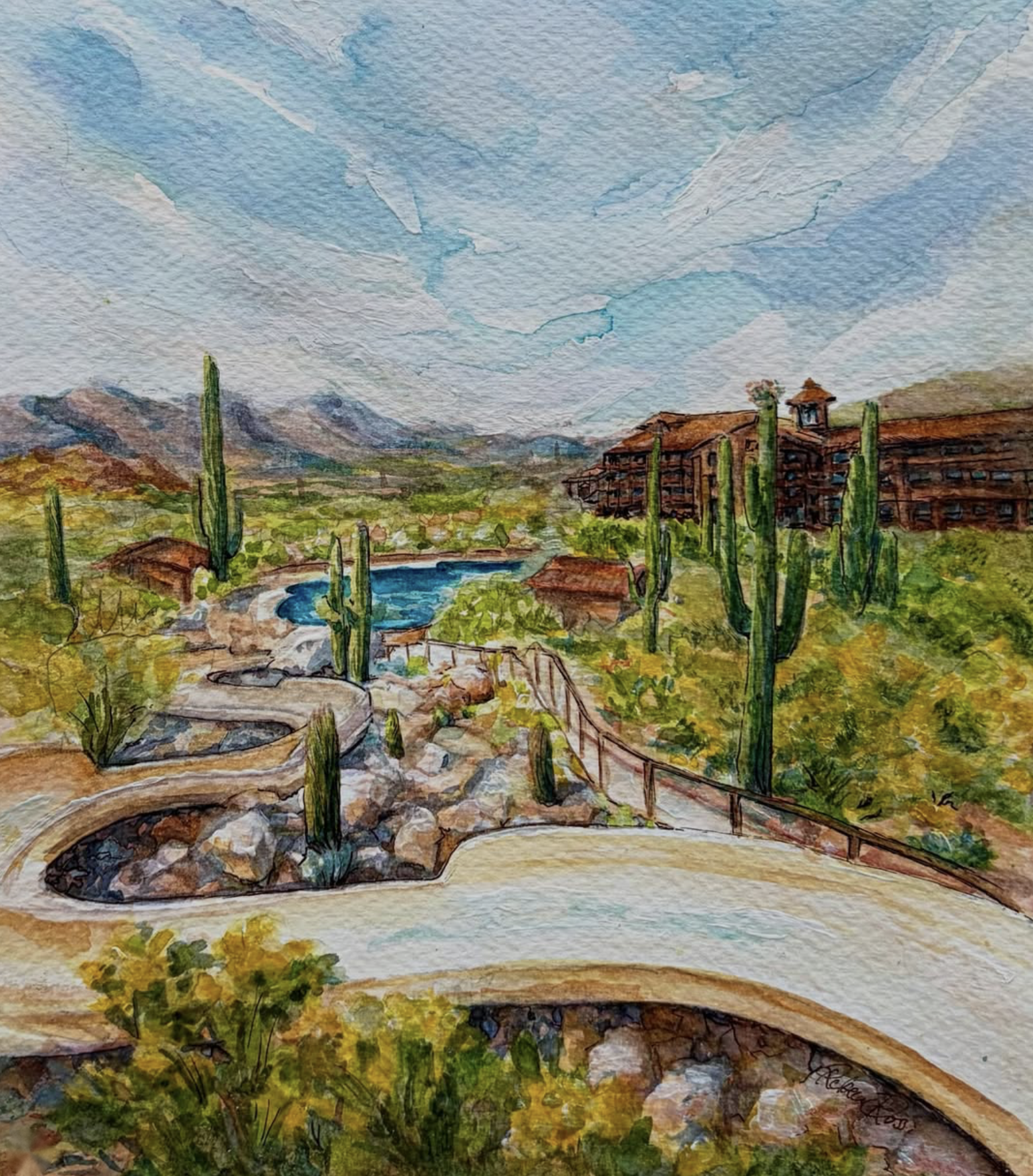 Watercolor of a desert resort with saguaro cacti and mountain backdrop