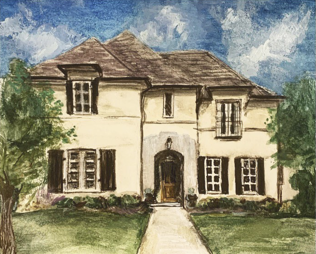 Watercolor painting of a cream two-story French-style house with dark shutters and an arched entry
