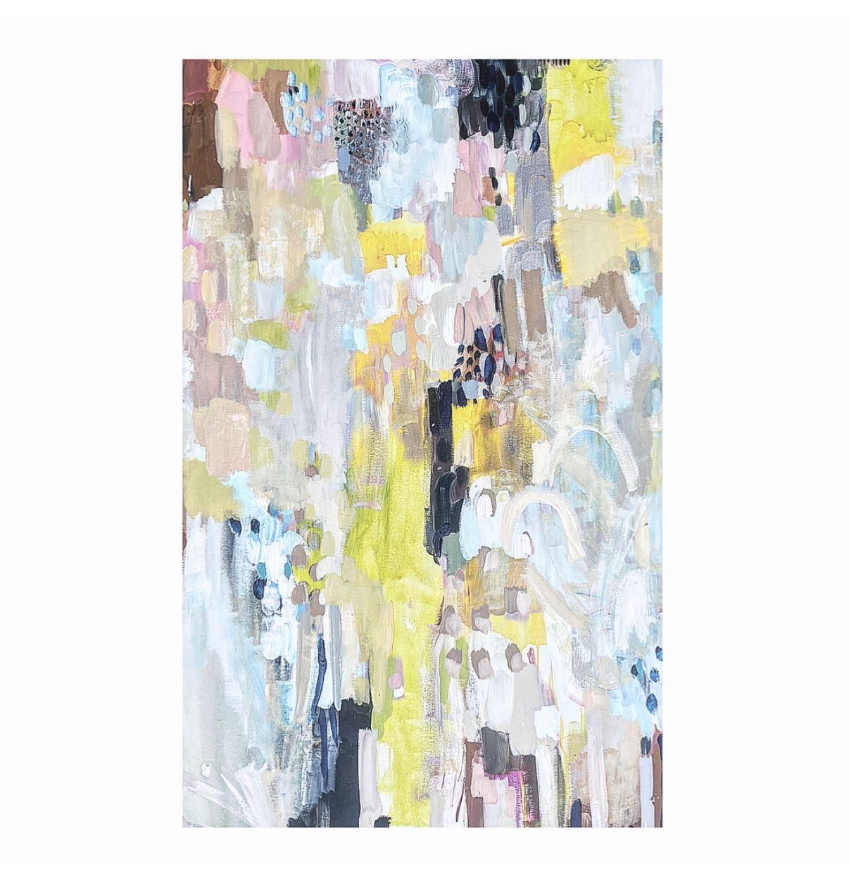 Abstract acrylic painting in soft yellow, blush pink, and navy with dabbed brushwork