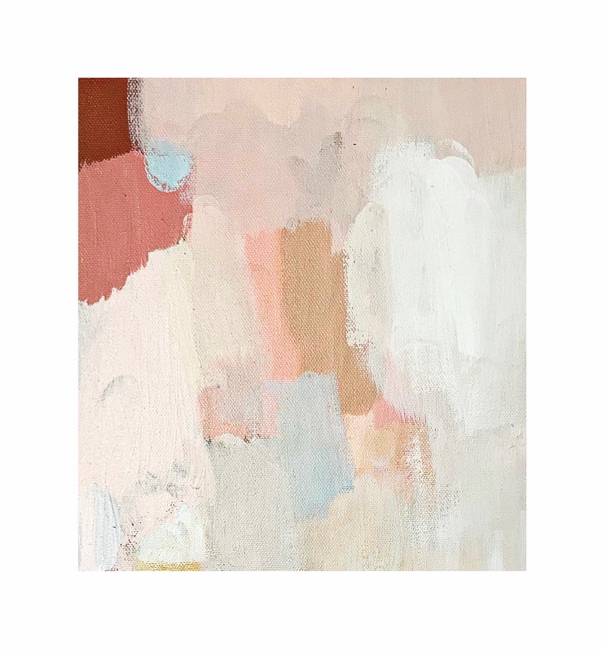 Abstract acrylic painting in blush pink, terracotta, and sky blue color blocks