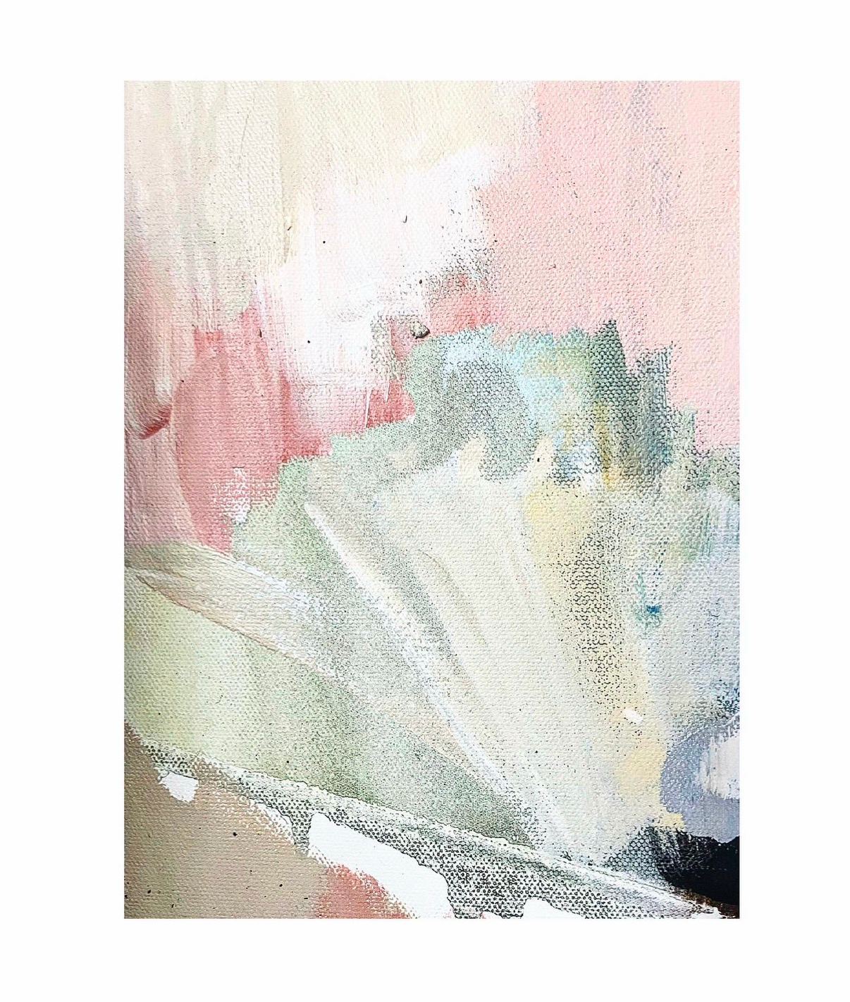 Abstract acrylic painting in soft pink and sage green with loose brushstrokes