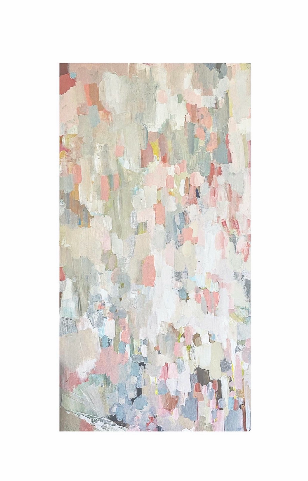 Abstract acrylic painting in pink, sage, and grey dabbed brushwork