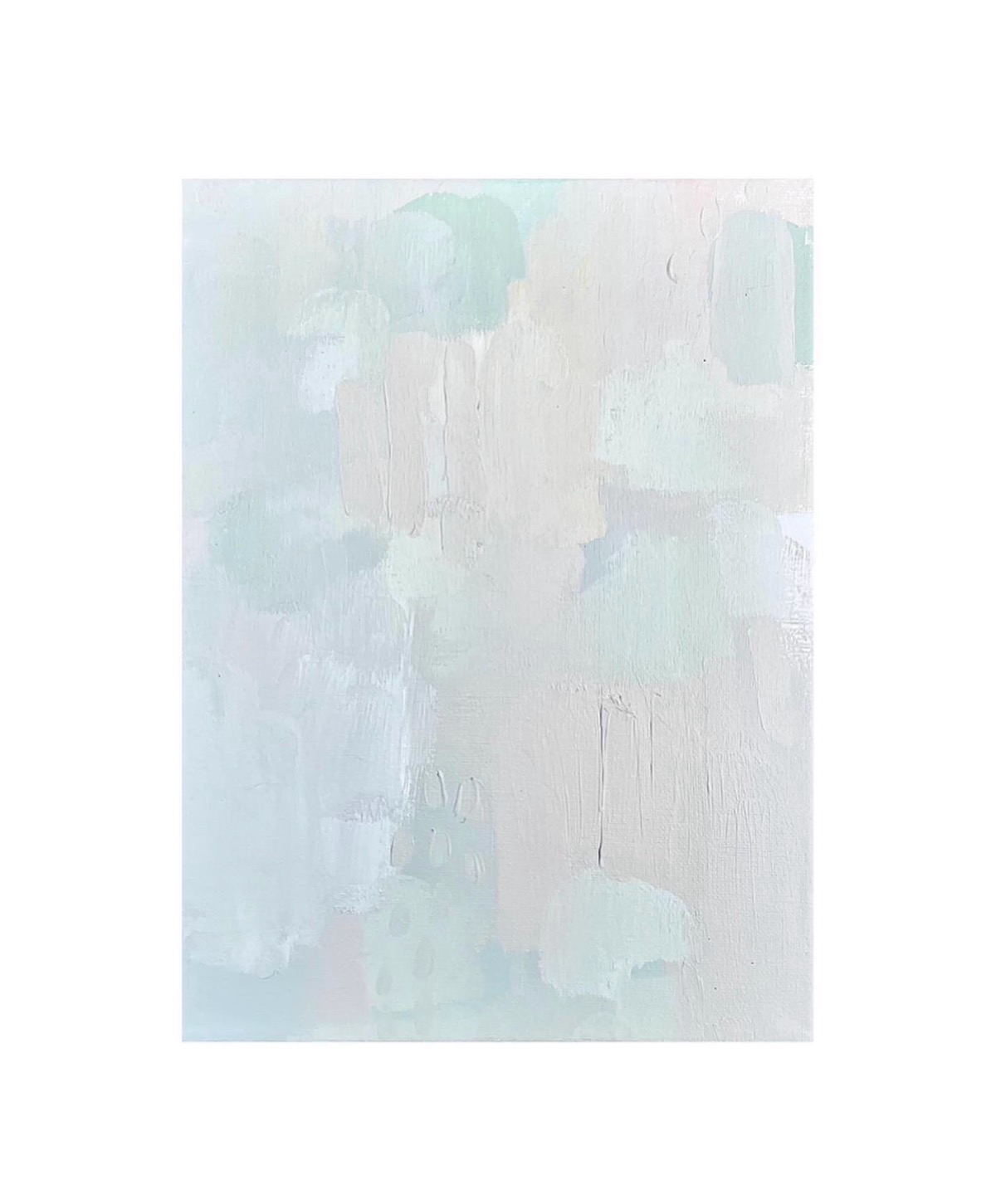 Abstract acrylic painting in pale mint, cream, and lavender color blocks