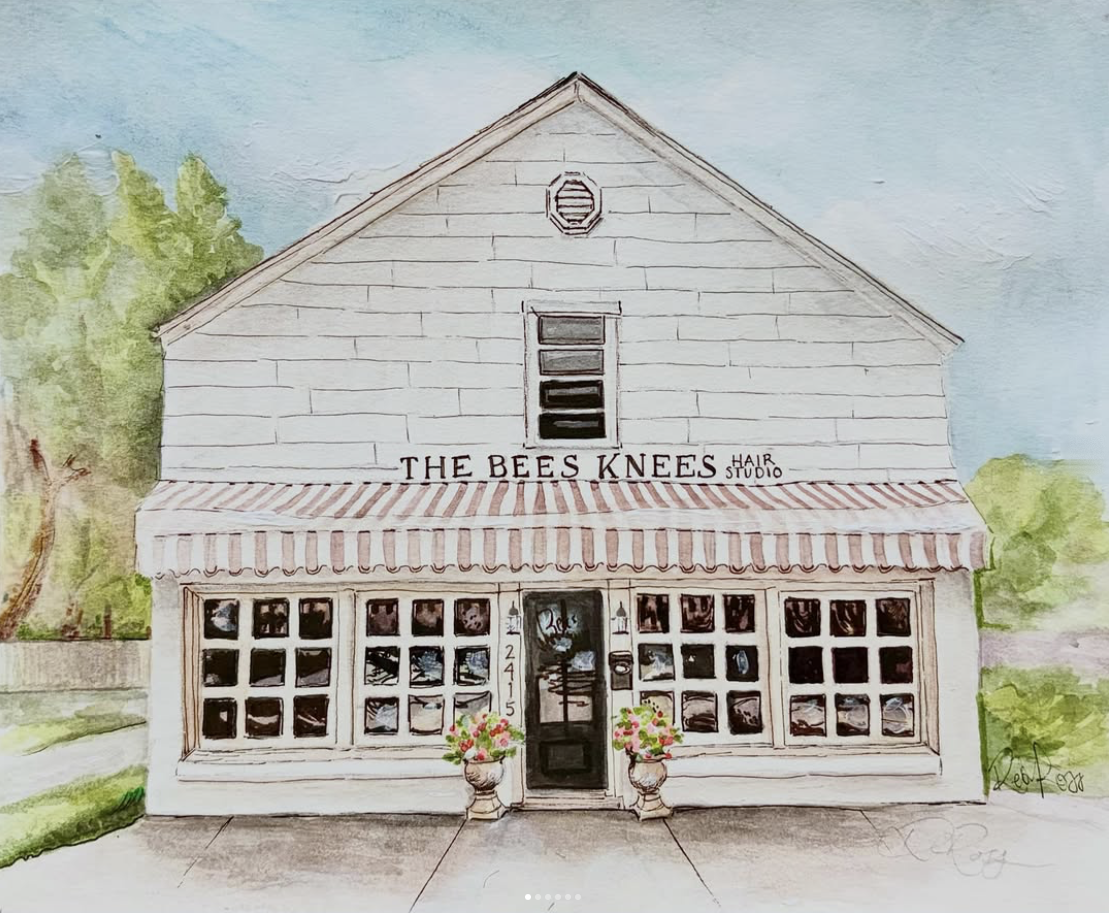 Watercolor illustration of The Bees Knees storefront with striped awning and flower boxes