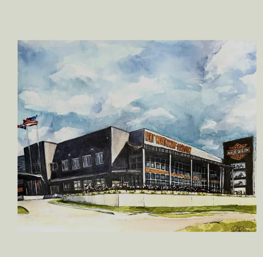 Watercolor illustration of a Harley-Davidson dealership exterior