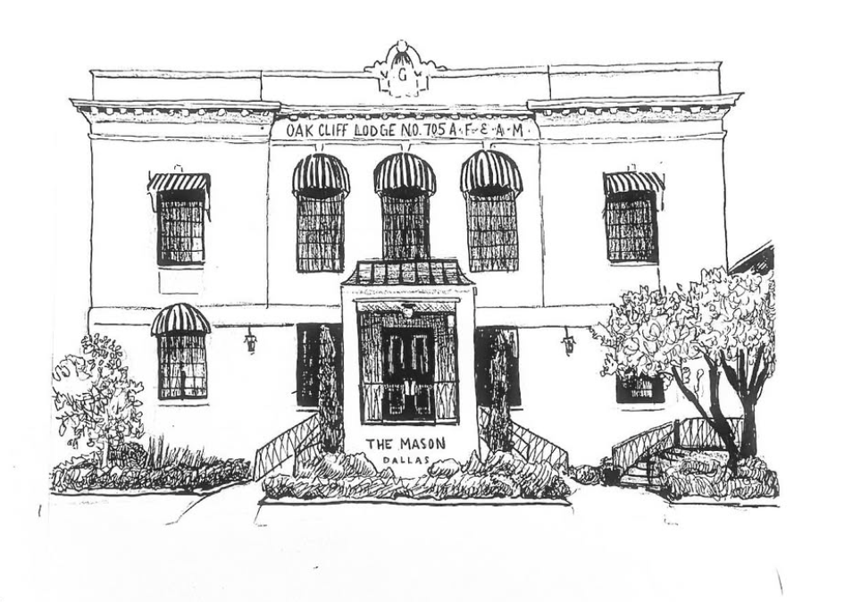 Pen and ink illustration of the Oak Cliff Lodge building