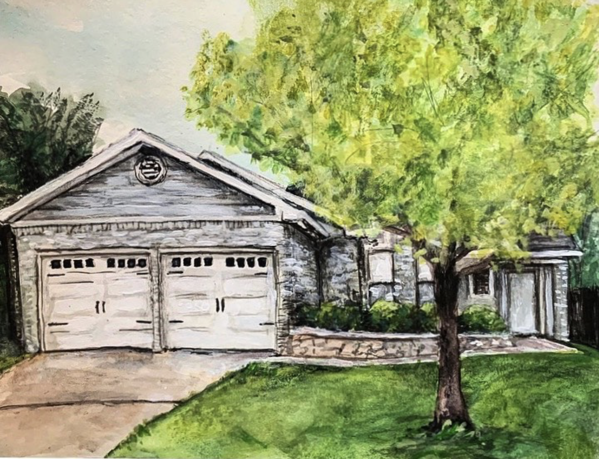 Watercolor painting of a stone house with a two-car garage and front yard tree