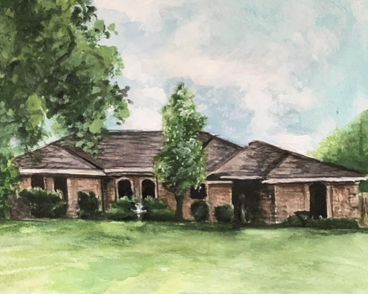 Watercolor painting of a brick ranch house with an arched courtyard entrance and fountain