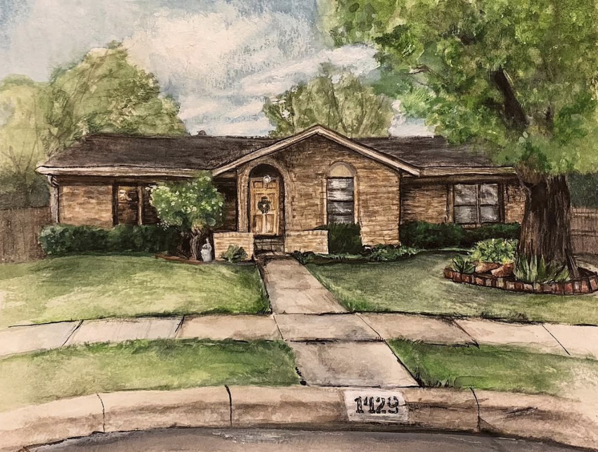 Watercolor and ink painting of a brick ranch-style house with address marker 1429