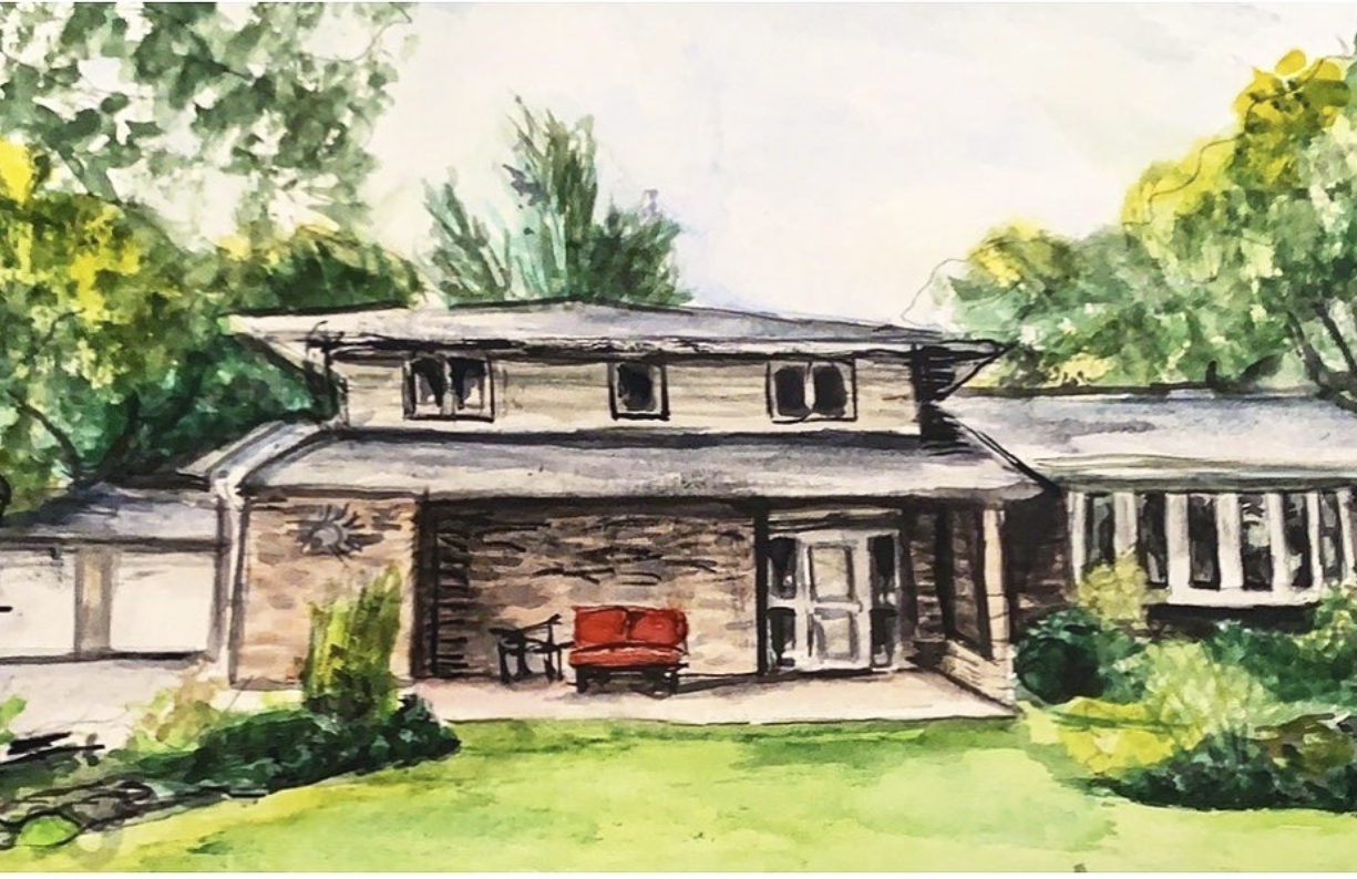 Watercolor painting of a mid-century home with a red porch sofa and dormer windows