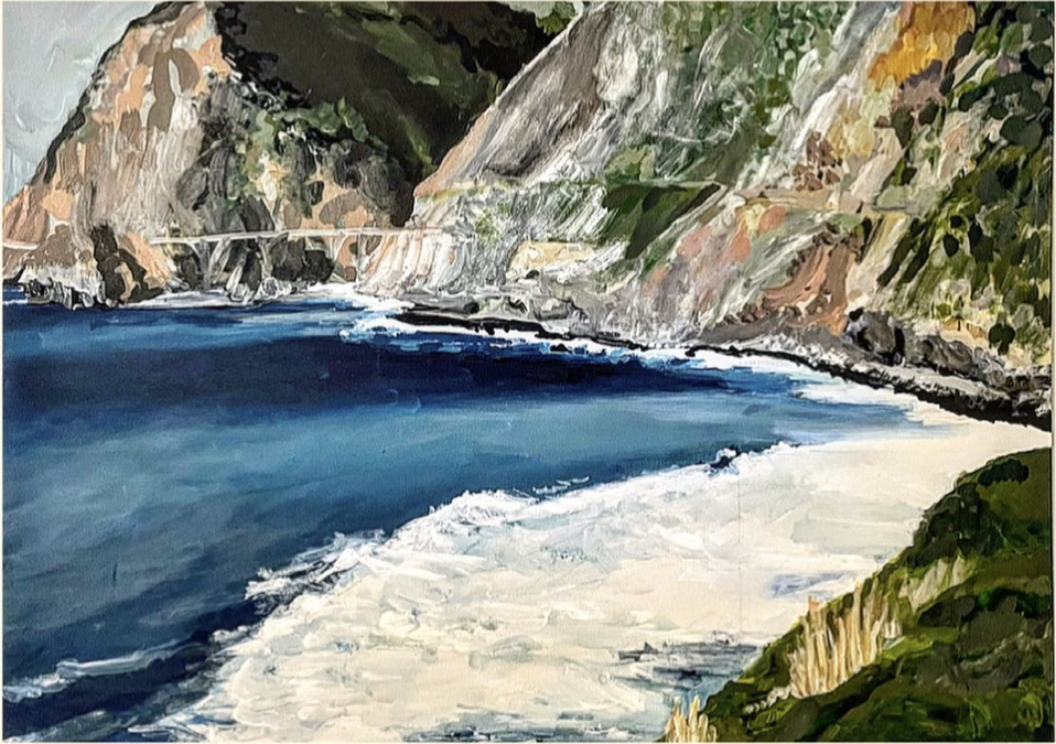 Acrylic painting of dramatic coastal cliffs and crashing ocean waves