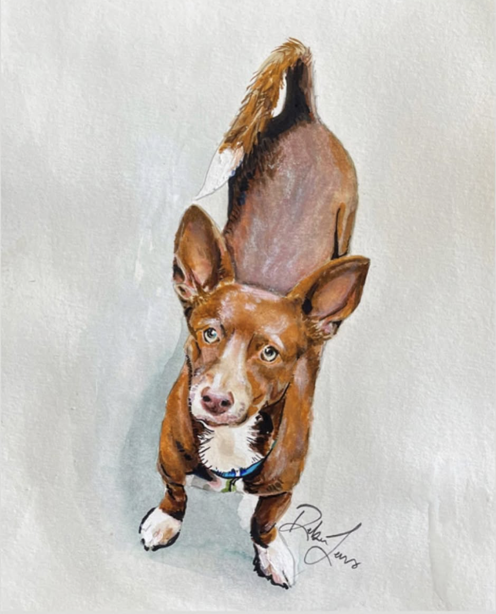 Watercolor portrait of a brown dog looking up at the viewer
