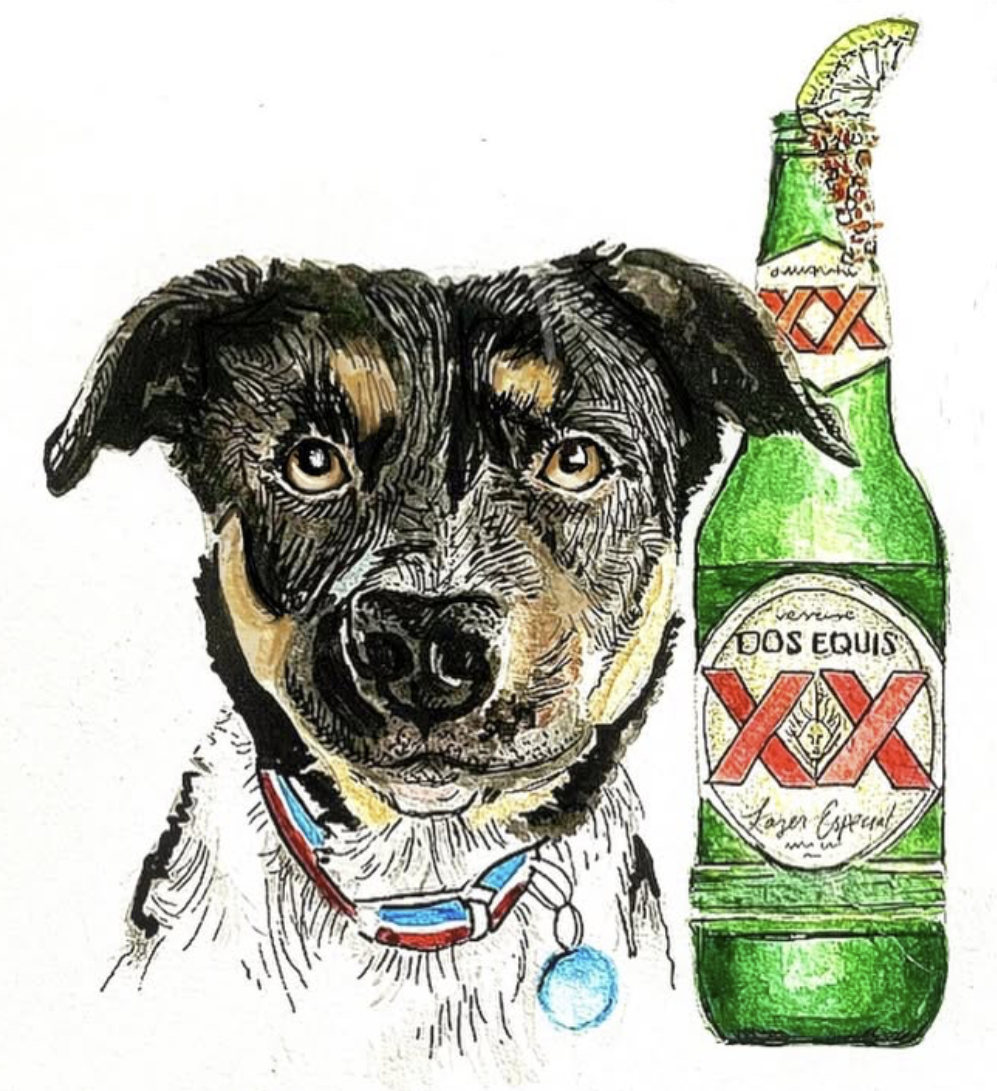 Custom portrait of a black and tan dog posed with a Dos Equis bottle