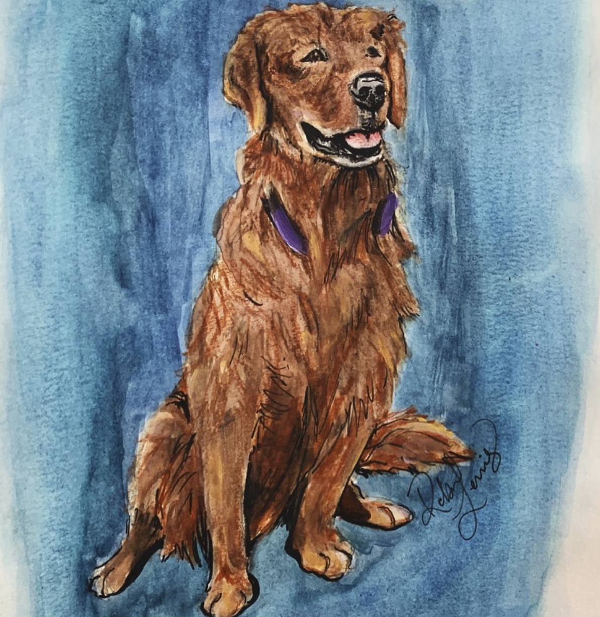Watercolor portrait of a golden retriever against a blue background